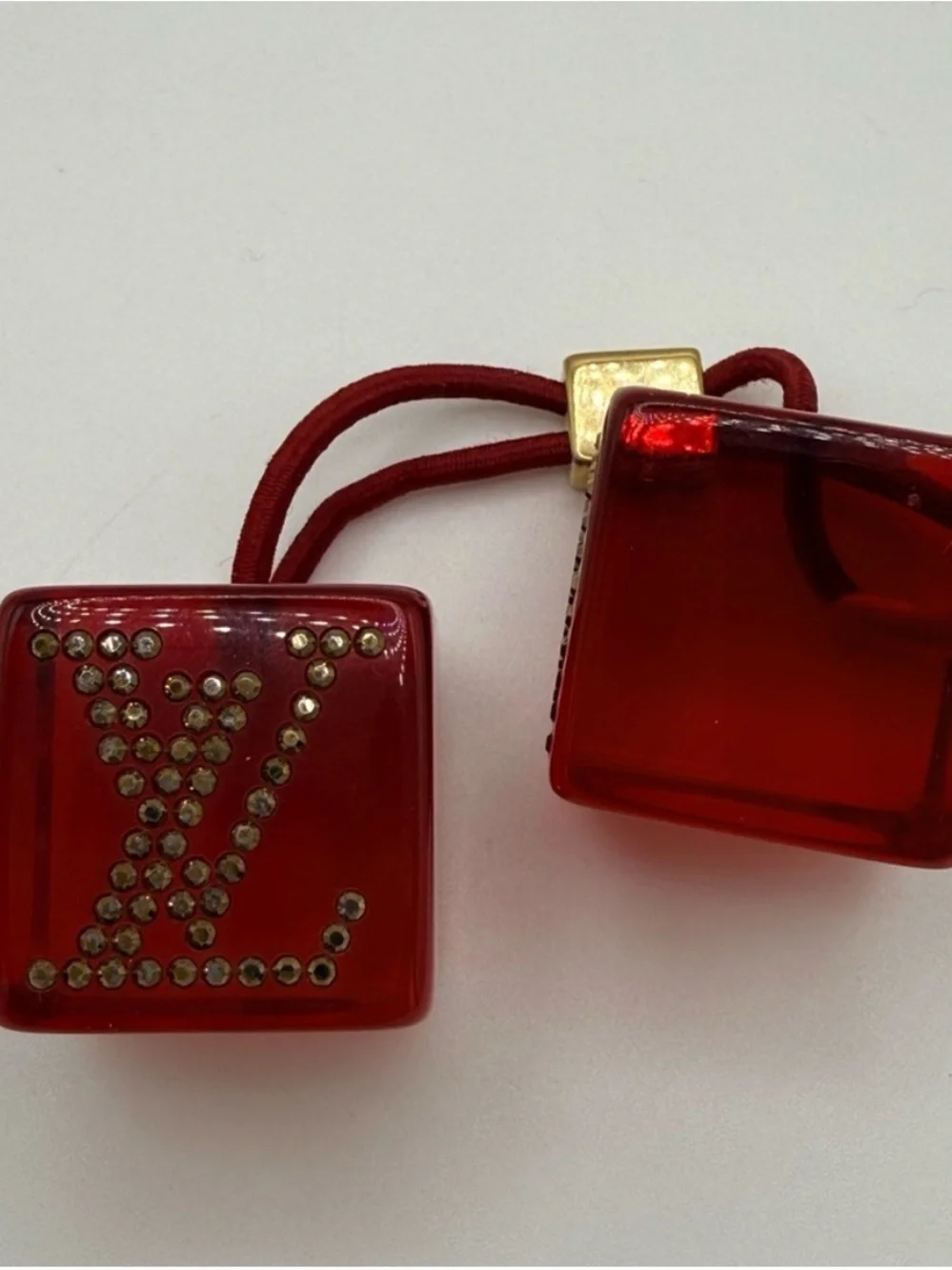 Louis Vuitton Red Logo Cube Hair Tie with Gold Accents - Picture 9 of 10